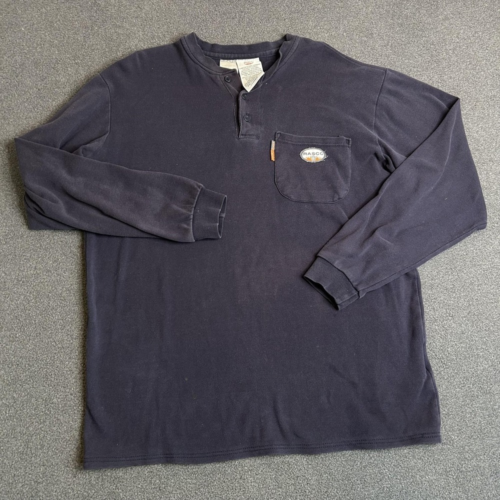 Rasco Shirt Mens L Blue Long Sleeve Henley Pocket FR Flame Resistant Cotton